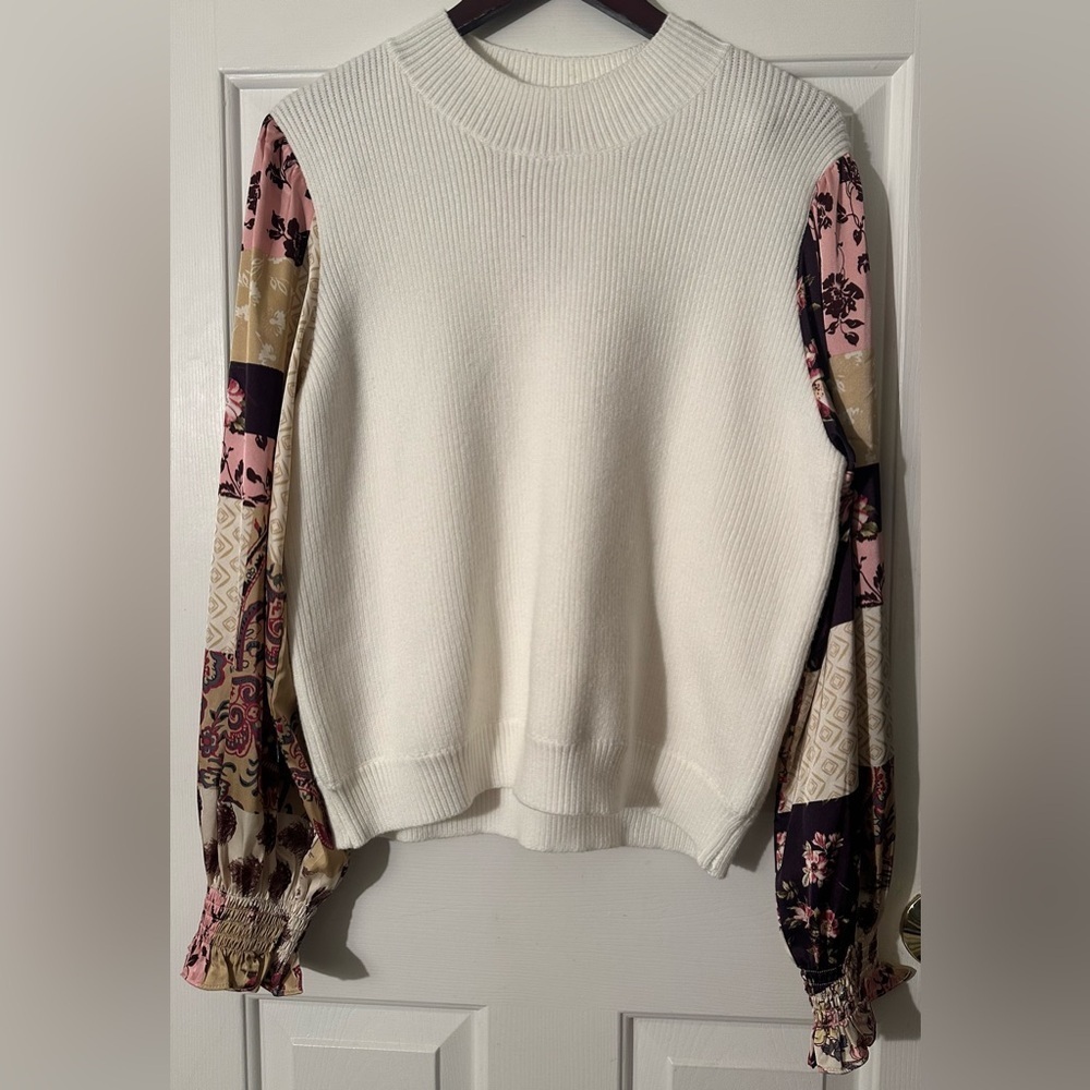 THML Anthro Patchwork Eclectic Grandma LG Sweater Satin Floral Balloon Sleeves